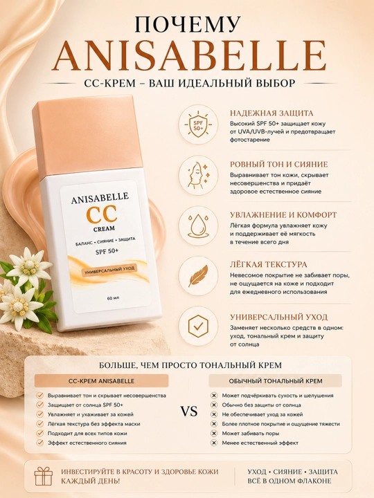 ANISABELLE CC-крем SPF 50+ для лица, защита от солнца и увлажнение, 60 мл