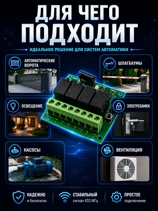 4 kanalli Qiachip KR1204B radiorele 433 MHz pult bilan, DC 5-80V