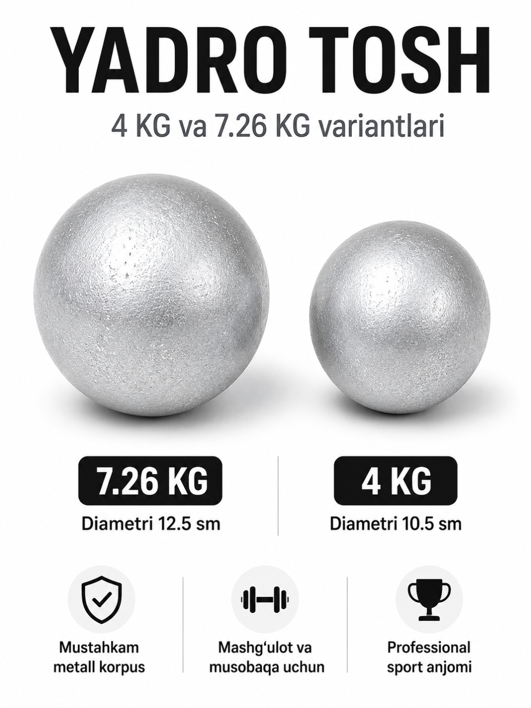 4 kg va 7,26 kg og‘irlikdagi yadro uloqtirish, yengil atletika uchun metall snaryad
