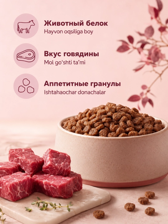 MIR Miracat katta mushuklar uchun quruq yem, mol go‘shtli, 1,5 kg