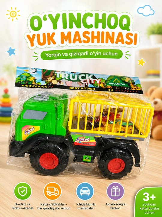 Hayvonlar bilan o‘yinchoq yuk mashinasi - bolalar uchun katta treyler - 
