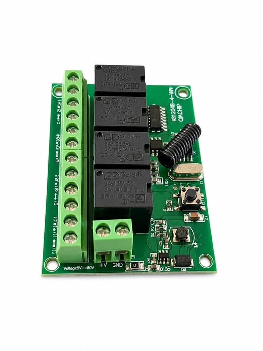 4 kanalli Qiachip KR1204B radiorele 433 MHz pult bilan, DC 5-80V