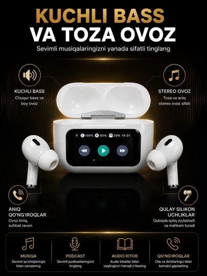 A9 PRO simsiz quloqchin, Bluetooth 5.4, ANC shovqinni kamaytirish, ekranli zaryad qutisi - 