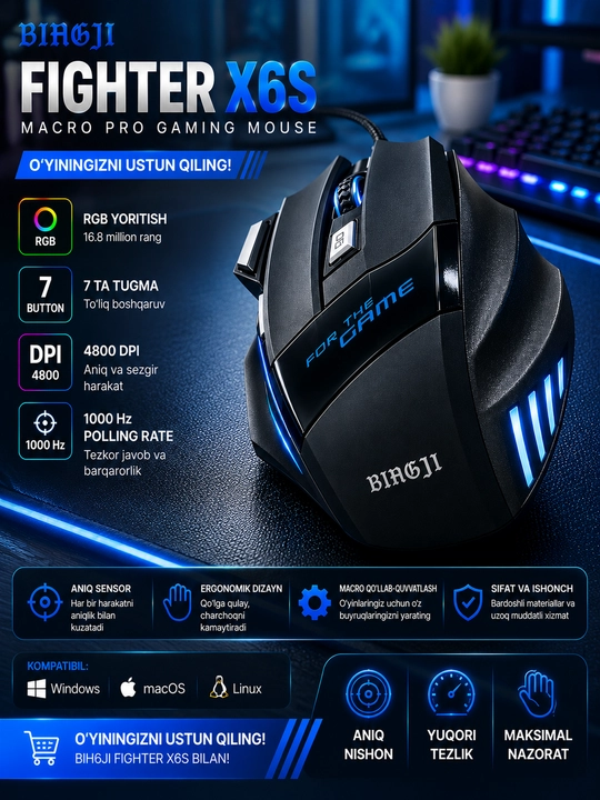 BIH6JI Fighter X6S RGB o‘yin sichqonchasi, 7 tugma, 4800 DPI