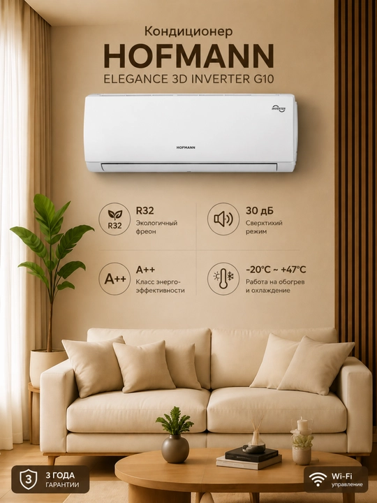 Кондиционер Hofmann ELEGANCE 3D INVERTER G10, 18, A++, R32, Wi-Fi, до 55 м² - 