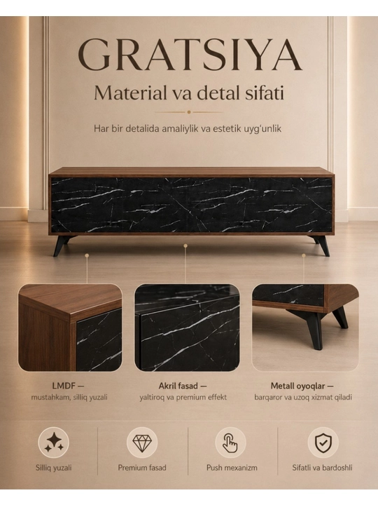 Тумба под телевизор ACACIA «Grace», 173×40×40 см, корпус из МДФ, акриловый фасад