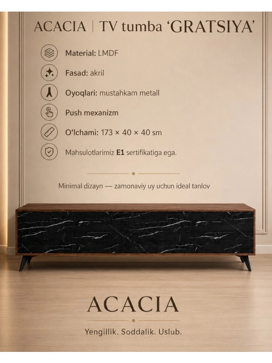 Тумба под телевизор ACACIA «Grace», 173×40×40 см, корпус из МДФ, акриловый фасад
