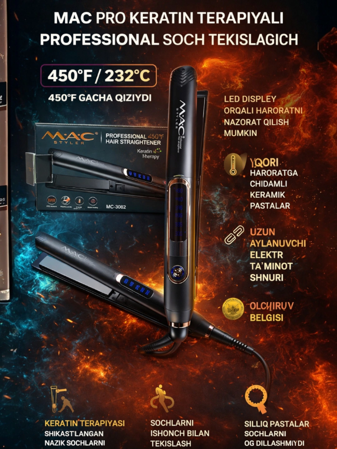 MAC Styler MC-3082 professional sochni tekislaydigan dazmol, LCD displeyli - 