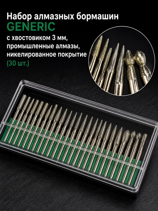 Набор алмазных бормашин GENERIC 30 шт., хвостовик 3 мм, никелированное покрытие - 