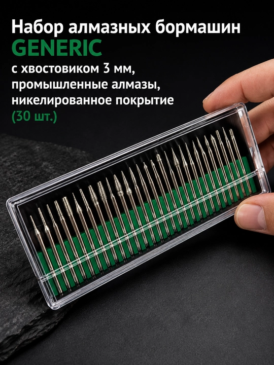 Набор алмазных бормашин GENERIC 30 шт., хвостовик 3 мм, никелированное покрытие
