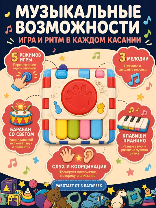 Bolalar uchun rivojlantiruvchi musiqiy o'yinchoq kubik, sorter va pianino