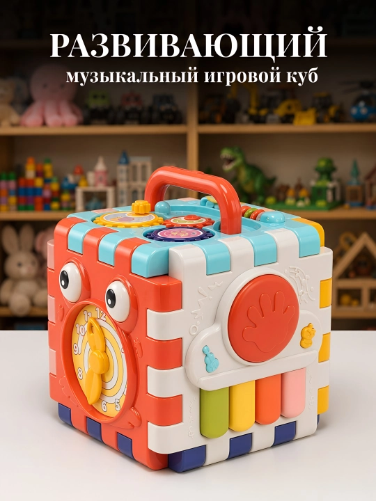 Bolalar uchun rivojlantiruvchi musiqiy o'yinchoq kubik, sorter va pianino - 