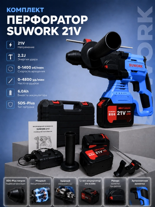 Перфоратор аккумуляторный SUWORK 21V SDS-Plus — бесщеточный, 2 АКБ 6.0Ah, комплект - 