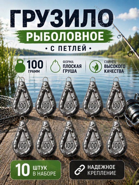 Рыболовное грузило плоская груша с петлей 100 г, 10 шт - 