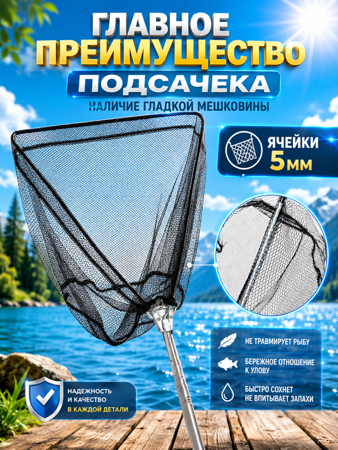 Подсачок для ловли рыбы, сгибаемый, с телескопической ручкой