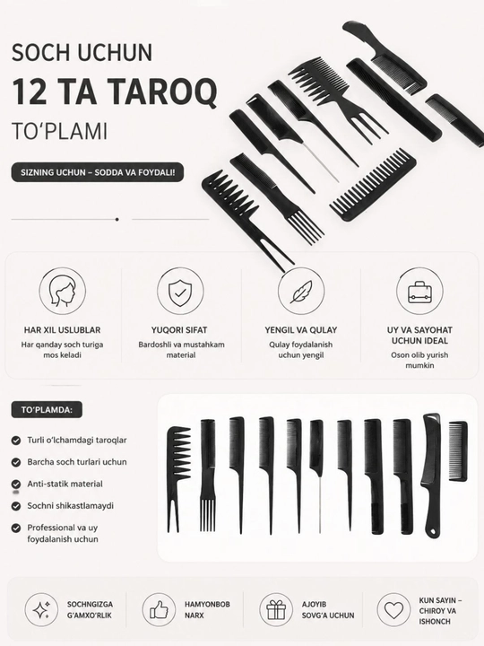 Sartaroshlik taroqlar to'plami, 10 dona, soch turmaklash uchun - 
