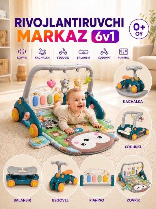 Bolalar uchun 6 ta 1 da yurish moslamasi, yugurish moslamasi, samokat, velosiped, tolokar, mashina, gilamcha musiqali - 