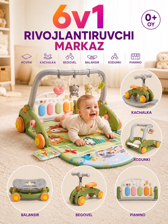 Детские ходунки 6в1 каталка, беговел, самокат, велосипед, толокар, машинка, коврик музыка - 