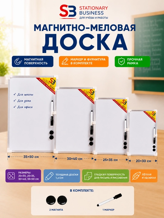 Ikki tomonlama magnitli va bo‘rli doska, alyuminiy ramkali 35x50 / 30x40 / 25x35 / 20x30 - 
