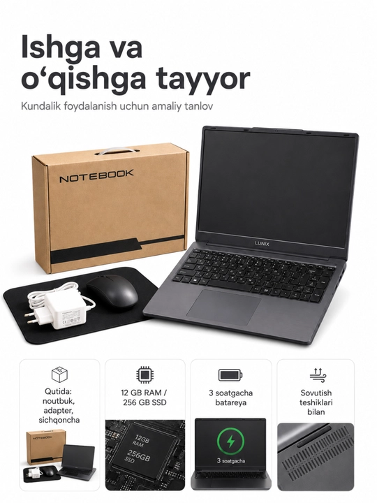 Lunix 14 dyuym noutbuk, 12GB RAM, 256GB SSD, Windows 10 Pro, o‘qish va ish uchun