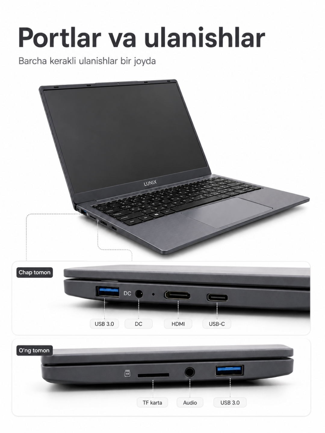 Lunix 14 dyuym noutbuk, 12GB RAM, 256GB SSD, Windows 10 Pro, o‘qish va ish uchun