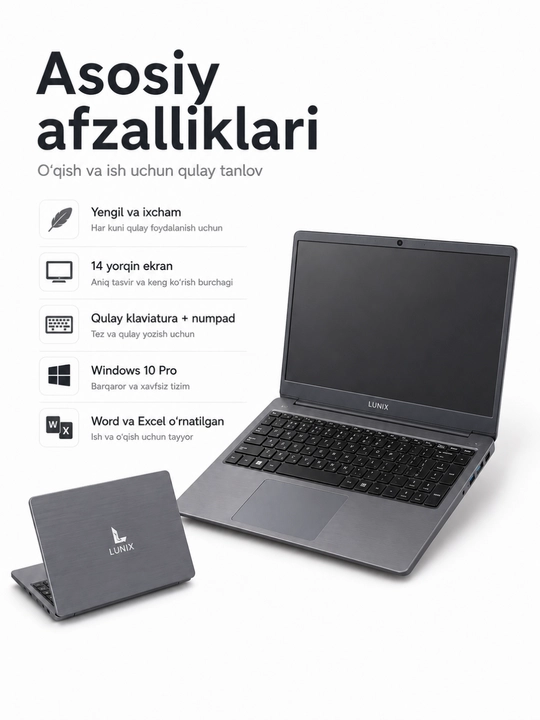 Lunix 14 dyuym noutbuk, 12GB RAM, 256GB SSD, Windows 10 Pro, o‘qish va ish uchun