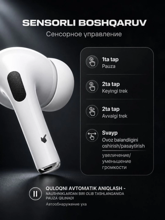 Simsiz quloqchinlar Pods Pro 2, sensorli, iPhone va Andoroid uchun naushnik