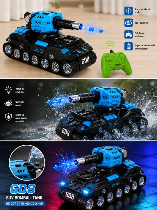 GD8 Aqua Tank – Радиоуправляемый танк с водяными пулями и вращением на 360°