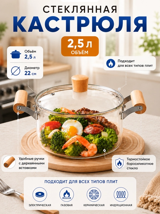 Chugun ko‘rinishdagi kastryulya 2,5L, borosilikat oynali, barcha turdagi plitalar uchun