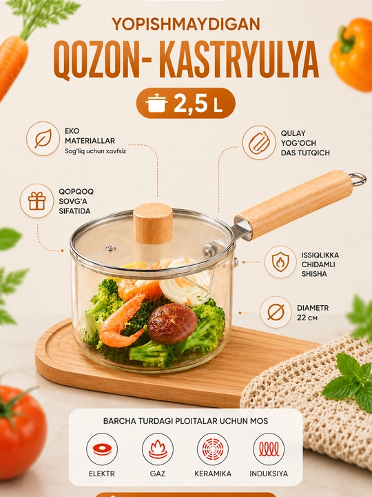 Chugun ko‘rinishdagi kastryulya 2,5L, borosilikat oynali, barcha turdagi plitalar uchun