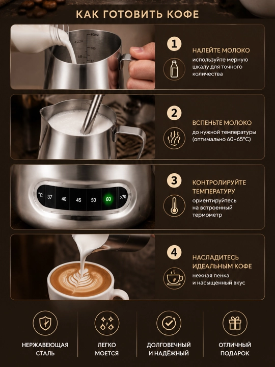 Kofe pitcheri 350 ml zanglamaydigan po‘latdan – sut ko‘pirtirish va latte-art uchun