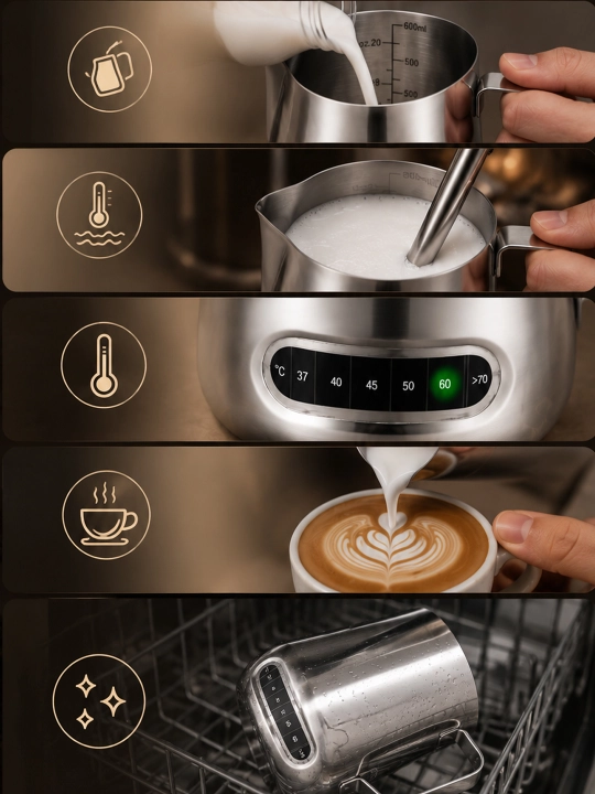 Kofe pitcheri 350 ml zanglamaydigan po‘latdan – sut ko‘pirtirish va latte-art uchun