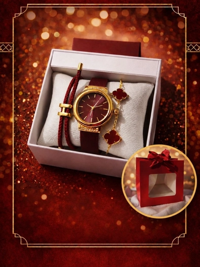 Подарочный набор 🎁 Элегантные наручные часы ⌚ Браслет в стиле Van Cleef ✨ Браслет Hermosa — DILI333-SOAT-БАГРОВ