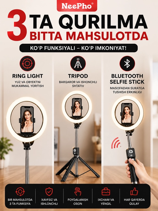NeePho NP-L14 Ring Light 10" Tripod, Bluetooth Pultli Selfie Stick, 2M Shtativ