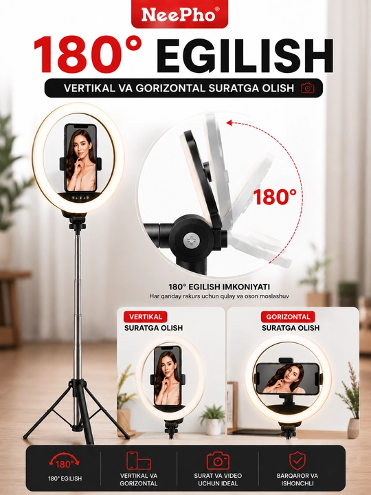 NeePho NP-L14 Ring Light 10" Tripod, Bluetooth Pultli Selfie Stick, 2M Shtativ