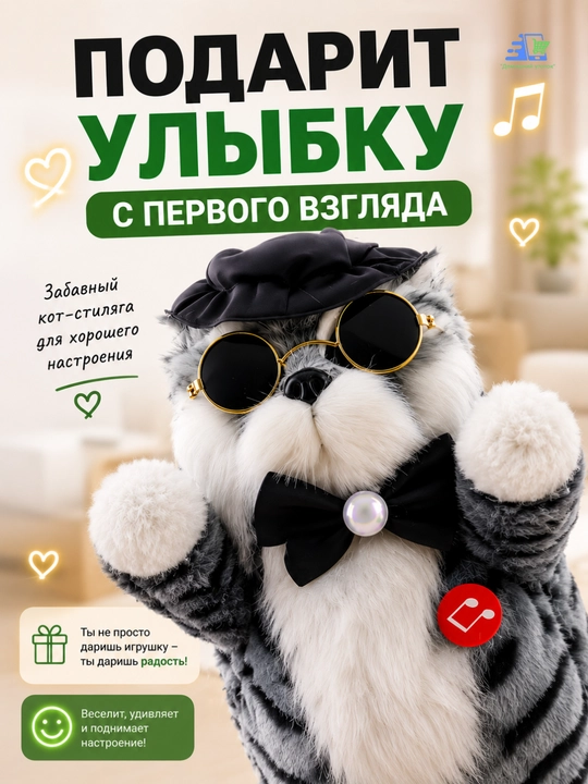 Raqsga tushuvchi va qo‘shiq kuylovchi mushuk Bazilio — o‘yinchoq 27 sm, 18 qo‘shiq
