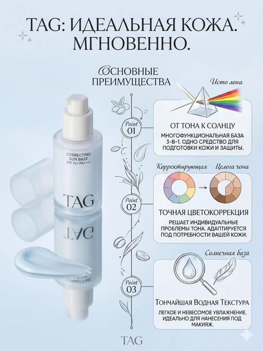 TAG База под макияж 3 вида: уход, отбеливание, морщины, SPF 50+, 32мл