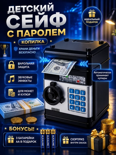 Мини сейф копилка детская с паролем Автомат приёма купюр Музыкальная Подарок — NEXTPT-PBRSAFE011-ЧЕРН