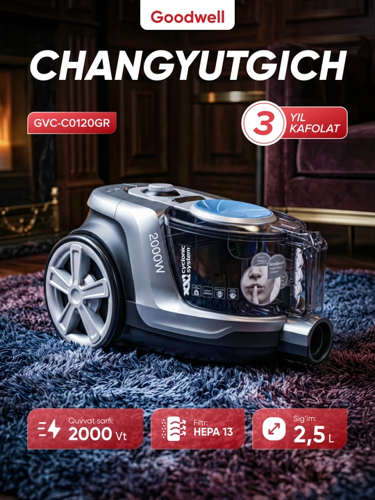 Пылесос контейнерный Goodwell GVC-0120GR 2000 Вт, циклонный + фильтр