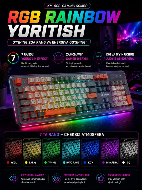 KM-900 Игровая Клавиатура и Мышь RGB, Gaming Combo, LED Подсветка, Anti-Ghosting, USB - 