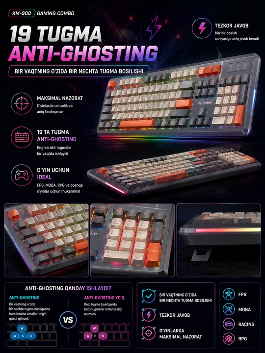 KM-900 RGB Gaming Klaviatura va Sichqoncha To‘plami, LED Yoritgichli USB Gamer Combo