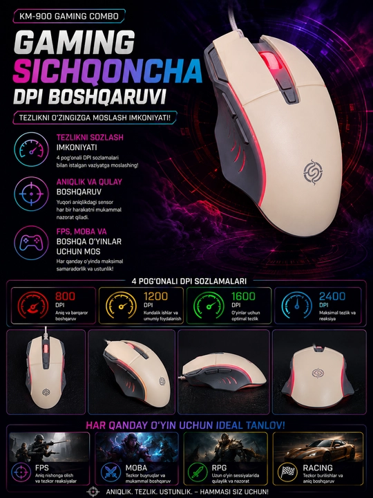 KM-900 RGB Gaming Klaviatura va Sichqoncha To‘plami, LED Yoritgichli USB Gamer Combo