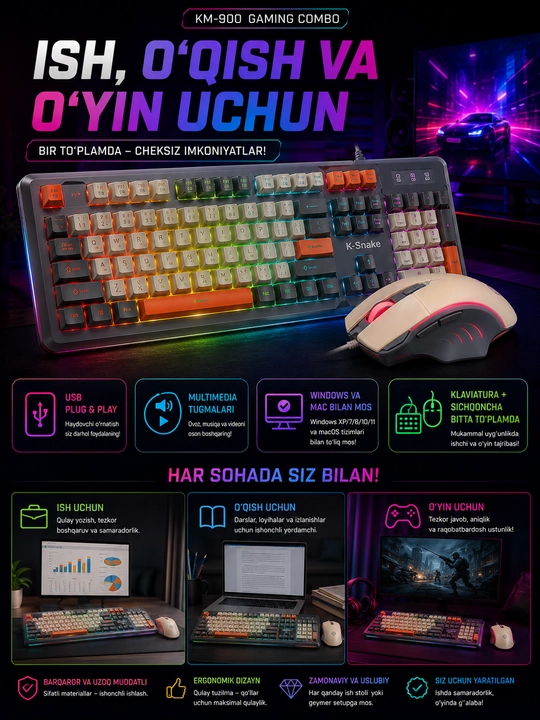 KM-900 RGB Gaming Klaviatura va Sichqoncha To‘plami, LED Yoritgichli USB Gamer Combo