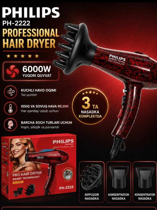 Professional soch quritgich Philips, nasadkalar bilan, soch turmaklash uchun