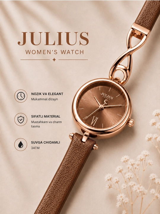 Julius ayollar soati, nafis dizayn, charm tasma, suvga bardoshli, Japan Quartz - 