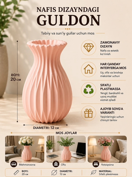 Plastik, kauchuk va plastmassadan tayyorlangan tabiiy va sun’iy gullar uchun vazalar - 