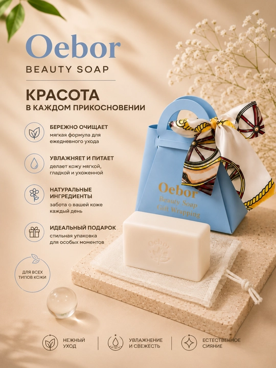 Oebor sovg‘a kosmetik sovuni - hashamatli sumkacha va ipak ro‘molcha - 