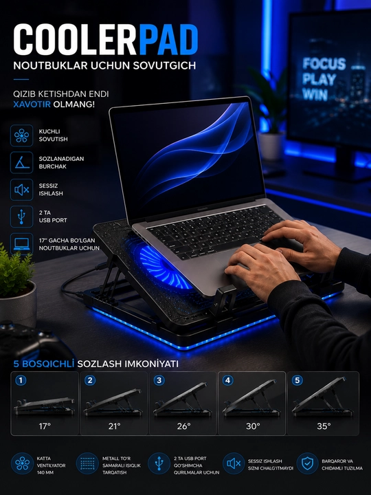 N99 CoolerPad noutbuk sovutgichi, LED yoritgichli, 2 ta USB port, 17 dyuymgacha