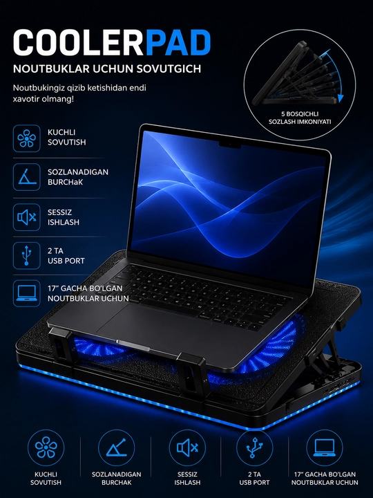 N99 CoolerPad noutbuk sovutgichi, LED yoritgichli, 2 ta USB port, 17 dyuymgacha