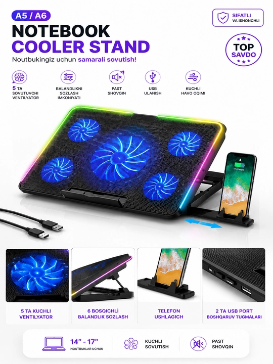 N99 CoolerPad noutbuk sovutgichi, LED yoritgichli, 2 ta USB port, 17 dyuymgacha